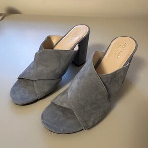 Cole Haan Blue Suede Criss Cross Open Toe Block Heel Mules | Size 9